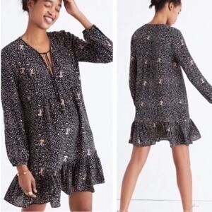 MADEWELL Silk Fiesta Paisley Ruffle-Hem 3/4-Sleeve Dress w/ Keyhole Tie Size 14